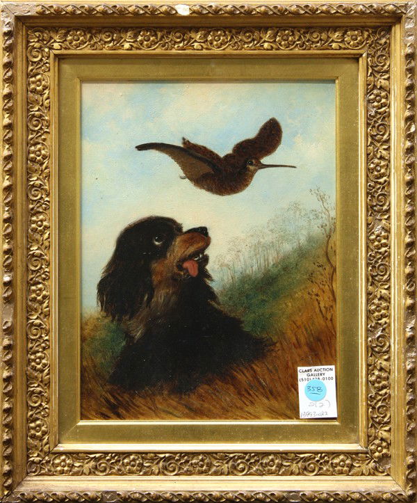 Pair of British 19th c. Dog paintings: (Lot of 2) Framed oils on panel, Dog with Rabbit and Dog Flushing Bird, British School, 19th century, each with label affixed verso ''George Barnes, Dealer in Works of Art, 69 Bradshawgate, Bolton'',
