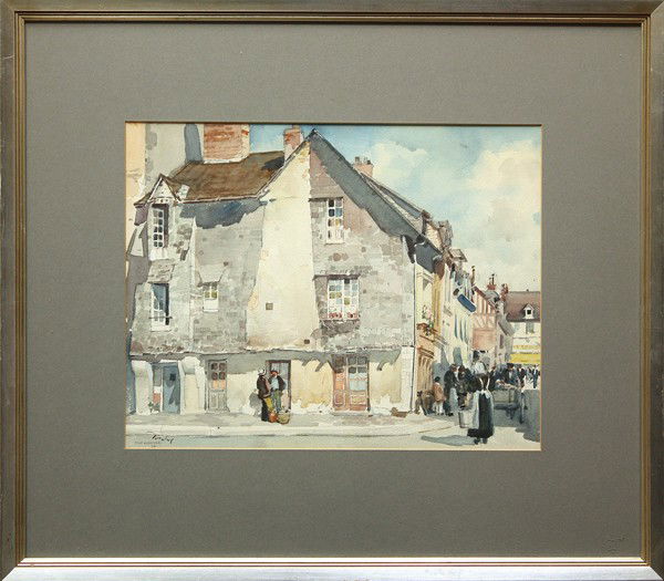 Watercolor, William Frederick Timmins: Framed watercolor, ''Pont Audemer,'' 1929, by William Frederick Timmins (Californian, 1915-1985), signed and dated ''Timmins '29'' lower left, sight: 12.5''h x 16.25''w, overall: 23''h x 26''w