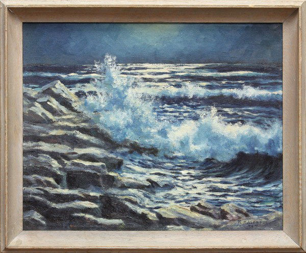 Paintings, Seascapes: (Lot of 2) Framed oil on canvas, Crashing Wave, 1957, signed ''R. Hasenfus 1957'' lower right, and fromed oil on board, Coastal Landscape with Seagulls, 1962, signed and dated ''Conway '62'' lowe righ
