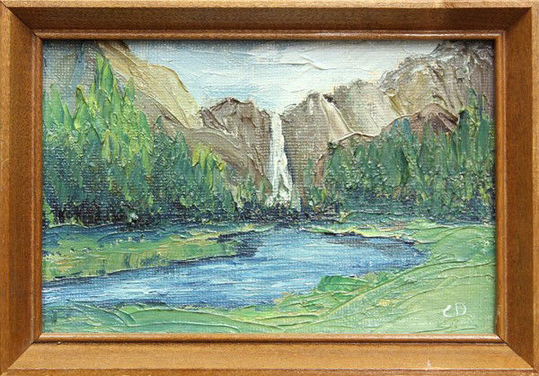 Paintings, Mountain Barn, Half Dome, Yosemite Fall: (Lot of 3) Framed oils on canvas, Mountain Barn, Half Dome, and Yosemite Falls, by Cyrena L. Devoe (Californian, Contemporary), all initialed ''C.D.'' lower right, labeled verso, overall each: 4.75''h