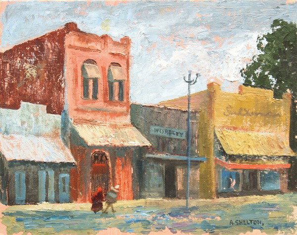 Paintings, A. Shelton, Keith Longcor, Modesto CA: (Lot of 4) Unframed oils on board and masonite, Main Street, signed ''A. Shelton'' lower right, ''Mary Ellen's Boarding House at 11th & L,'' ''Beard Industrial on Yosemite Blvd, Modesto CA,'' ''Downto