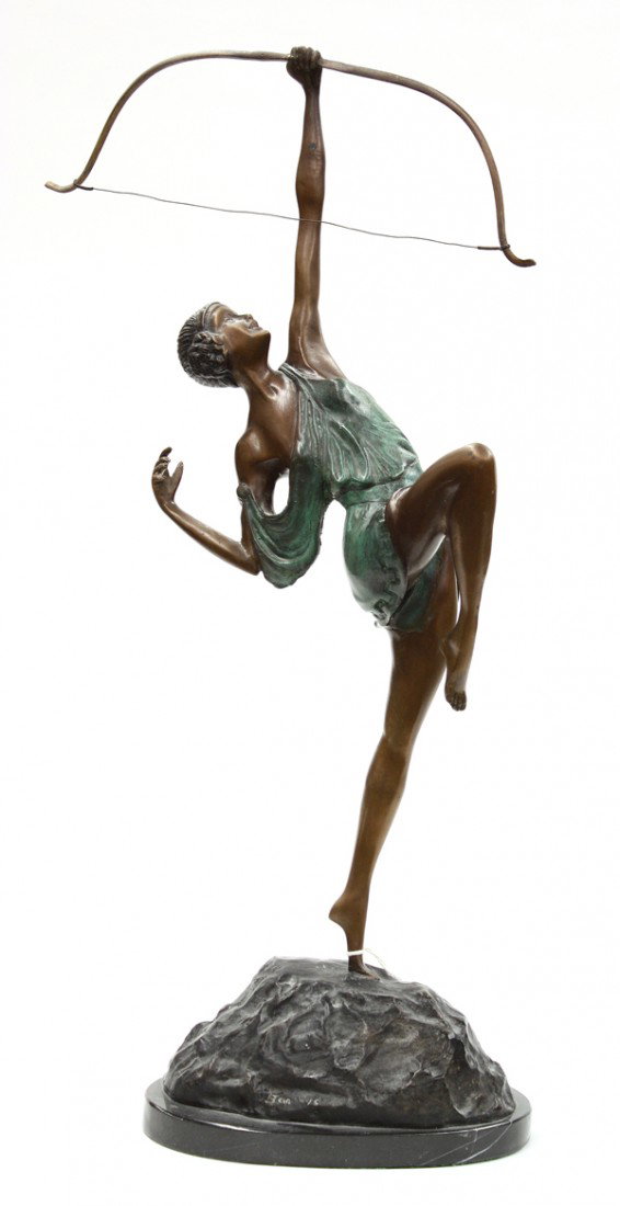 Bronze, Diana the Huntress: Patinated bronze sculpture, Diana the Huntress, Continental School (20th Century), signed indistinctly (Jag-ys?) lower base, overall: 24.25''h x 8.75''w x 5.25''d