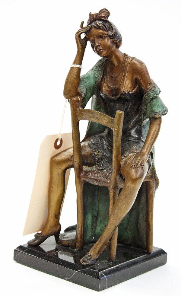 Bronze, after Egiste Rossi: Patinated bronze sculpture, Seated Art Deco figure, after Egisto Rossi (Italian, 1856-1916), bears signature lower center, overall: 11.25''h x 5''w x 5.125''d