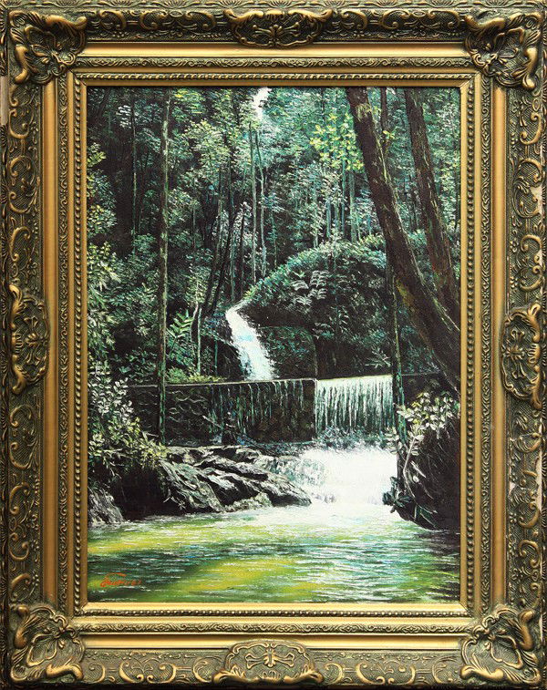Painting, Forested Waterfall: Framed oil on canvas, Forest Waterfall, 20th century, American School, signed ''Gua Hei'' lower left, overall: 30''h x 24''w