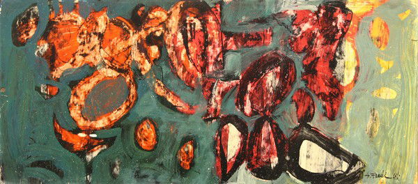 Painting, Harold Frank, Abstract Composition: Unframed acrylic on masonite, Abstract Composition, 1964, by Harold Frank (American, 1917-1995), signed ''H. Frank 1964'' lower right, overall: 10''h x 22,25''w