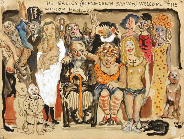 Gouaches, Xavier Gonzalez, The Gallows,: (Lot of 2) Pair of unframed gouaches on paper, ''Attention Motorists...'', and ''The Gallos (Horse-Leech Branch, Welcome The Wilson Family,'' by Xavier Gonzales (Californian, 1898-1993), largest overa