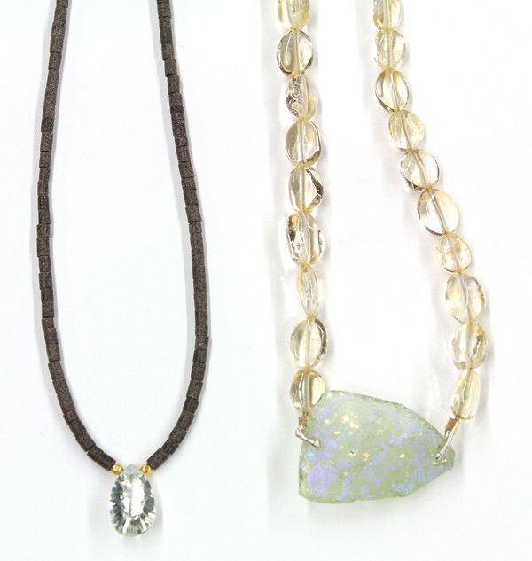 Two beaded necklaces: Two beaded necklaces, including; one with Roman glass, smooth citrine beads and vermeil clasp. Necklace length 18'' and one with quartz drop, Heshi black serpentine beads and gold filled clasp. Neckla