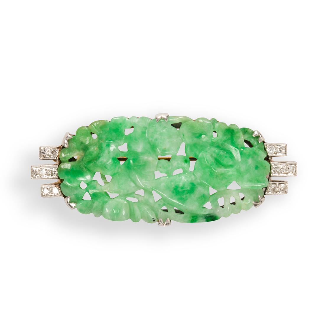 A jade and platinum-topped fourteen karat gold brooch (1 of 1)