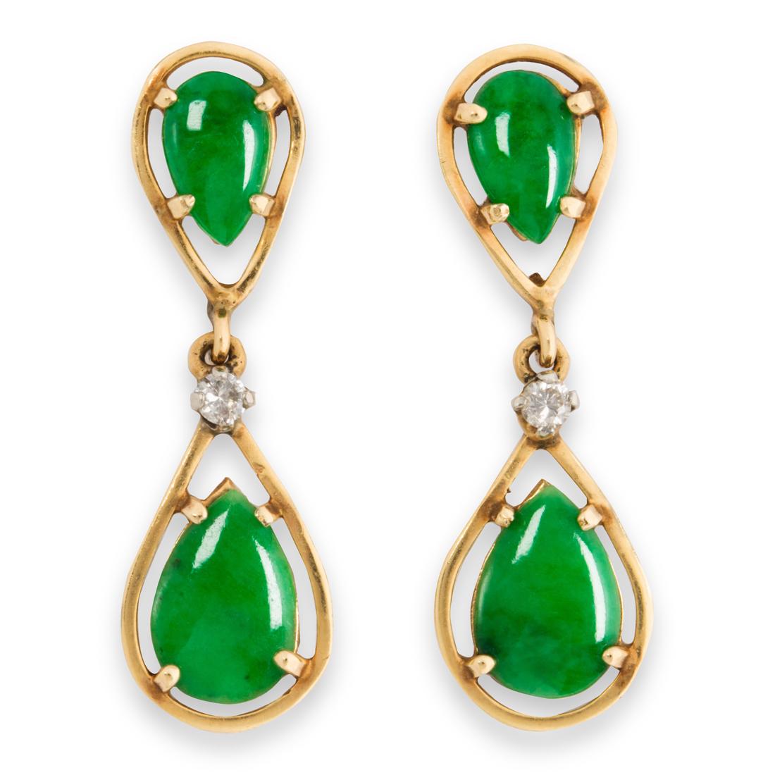 A pair of jade. diamond and fourteen karat gold earrings (1 of 1)