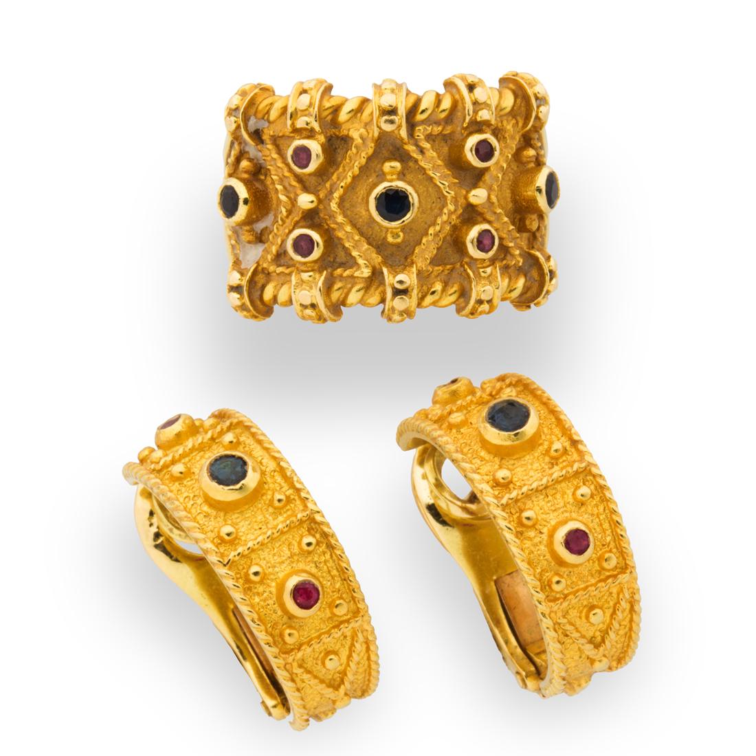 A pair of gemstone and eighteen karat gold earrings and ring suite (1 of 2)