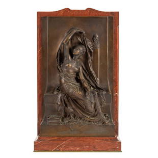 A French bronze and marble relief of Allegorie de la Pensee after Chapu: A French patinated, gilt bronze and rouge griotte marble relief sculpture of Allegorie de la Pensee (Allegory of Thought) after a model by Henri Michel Antoine Chapu (French, 1833-1891), Thiebault Fou