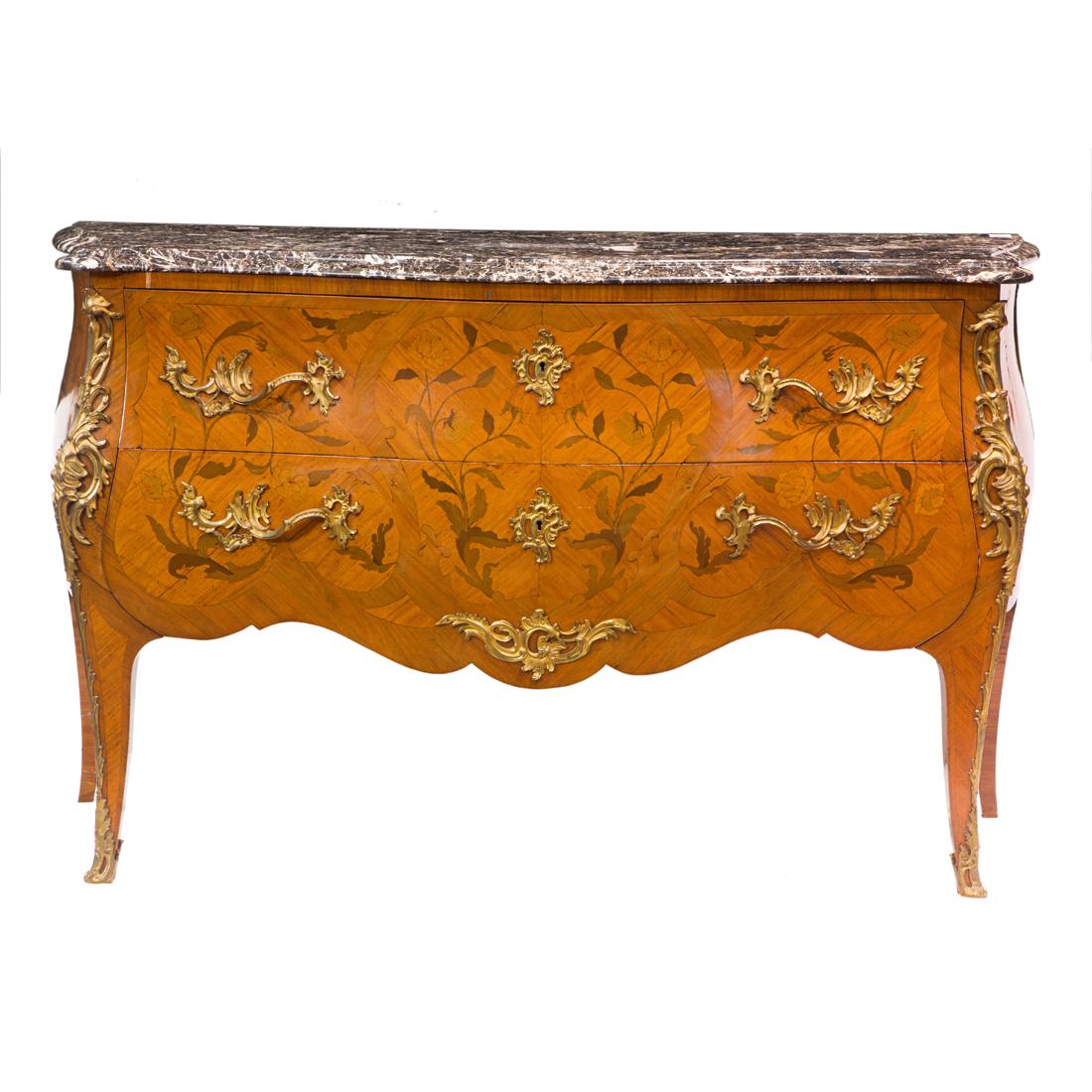 A Louis XV style gilt bronze mounted marquetry inlaid bombe commode (1 of 3)
