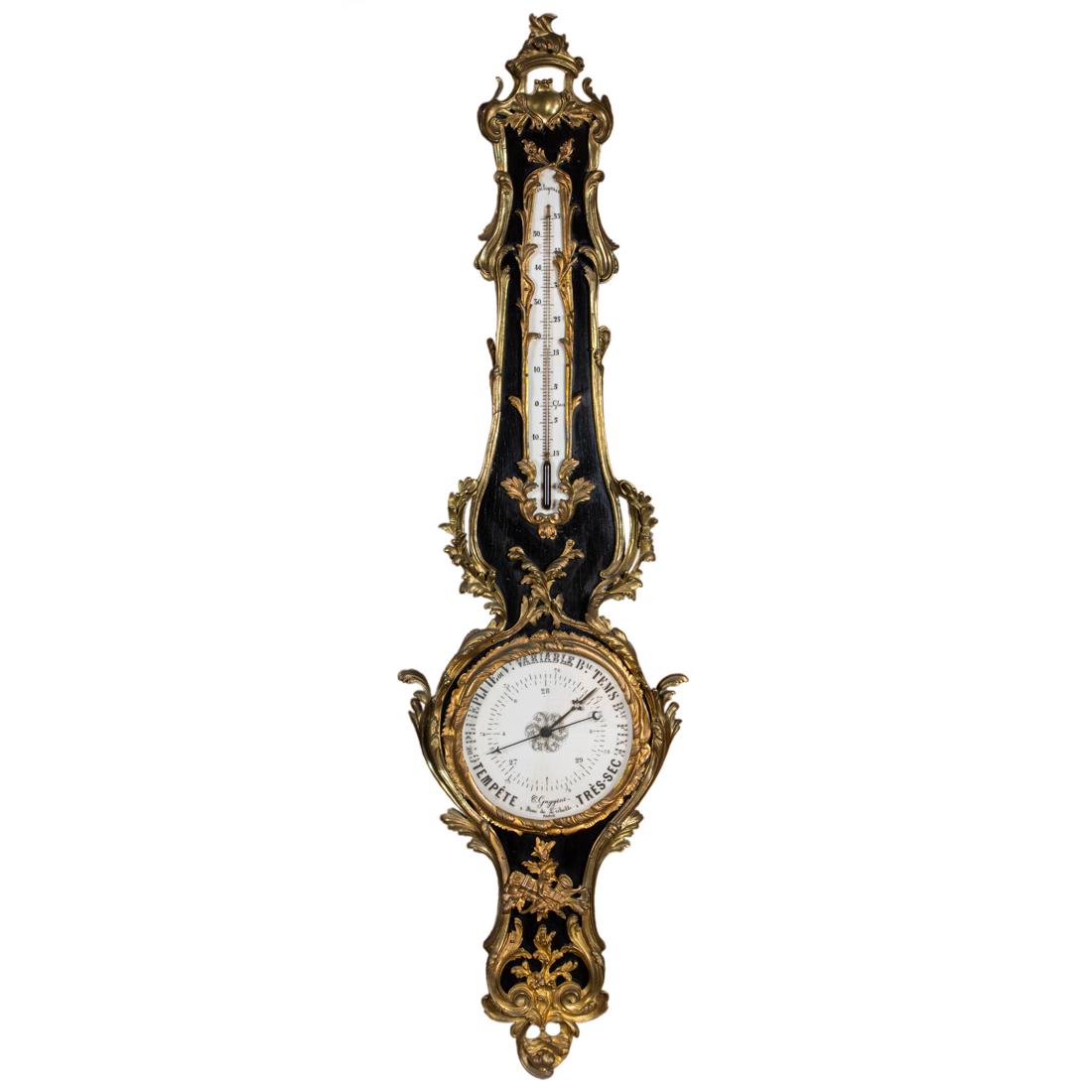 A Louis XV style French black lacquered and ormolu mounted barometer (1 of 2)