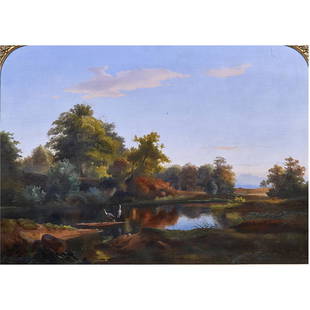 Painting, Arthur Fitzwilliam Tait: Arthur Fitzwilliam Tait (American, 1819-1905), Untitled (Adirondack Autumn with Blue Herons), 1871, oil on canvas, signed and dated lower left, canvas: 30"h x 42"w, overall (with frame): 41"h x 53"w