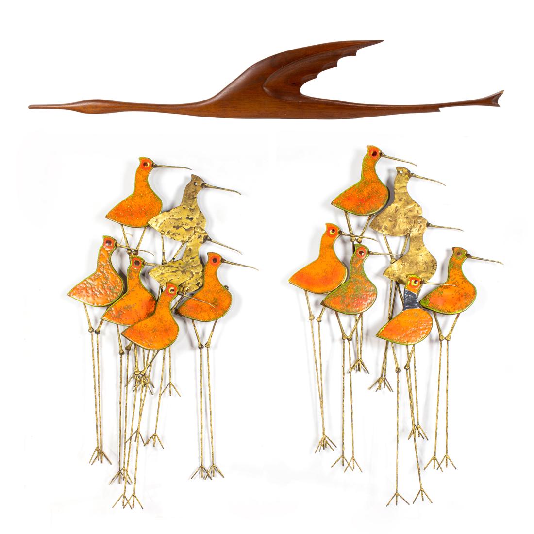 (Lot of 3) A pair of Curtis Jere enameled metal wall sculptures of sandpipers (1 of 5)