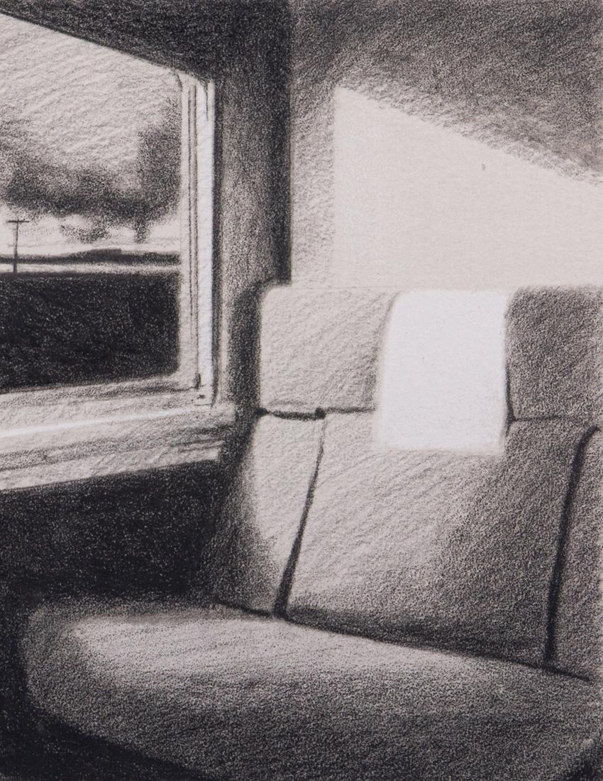 Print, John Register: John Register (American, 1939-1996), "Train Interior," 1989, lithograph, pencil signed lower right, edition 32/100, gallery label (Modernism, San Francisco, CA) affixed verso, sheet: 11"h x 8.5"w, ove