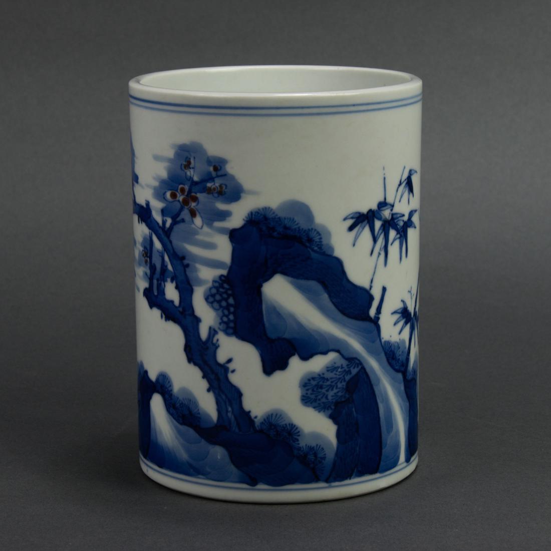 Chinese underglaze blue and copper red brush pot (1 of 4)