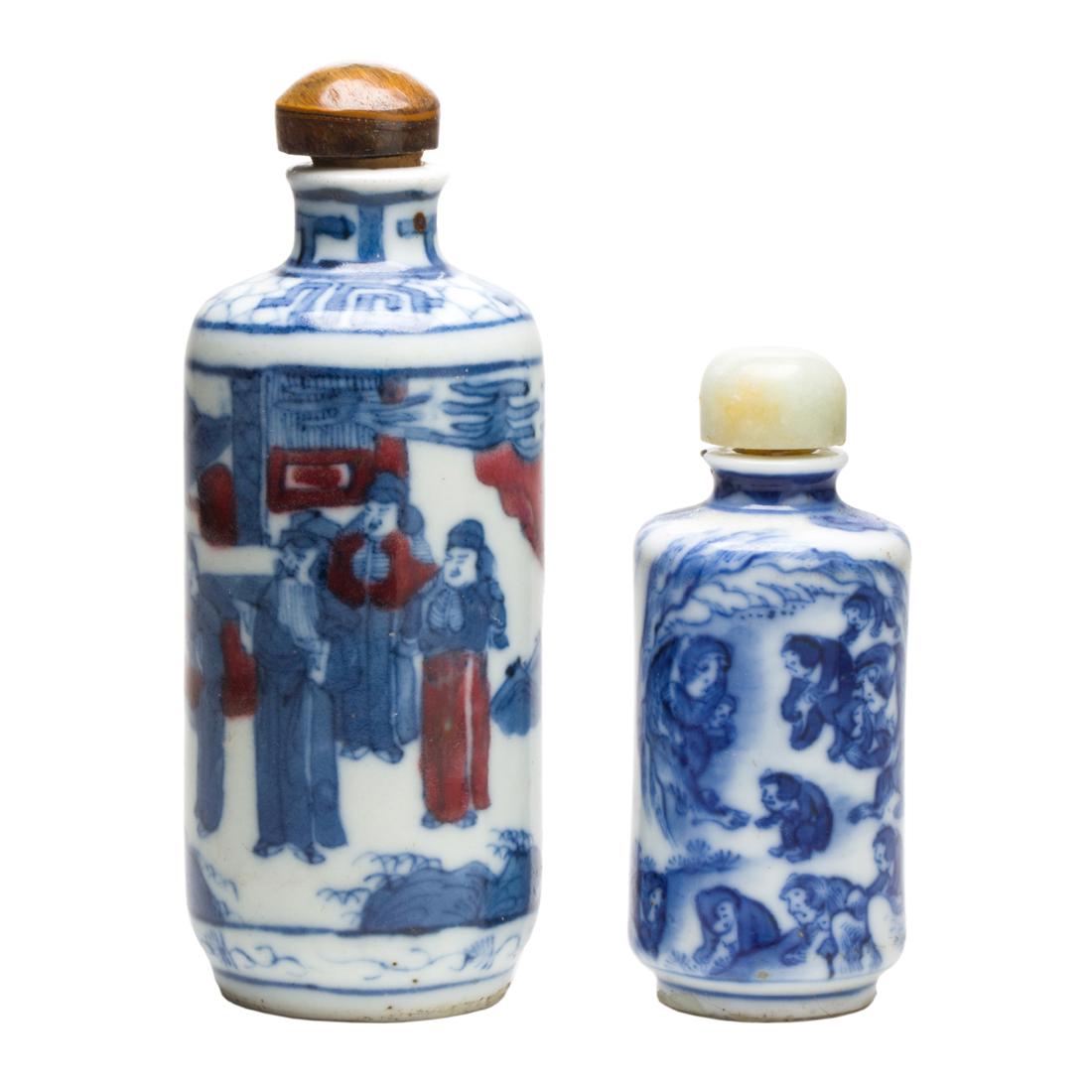 (lot of 2) Chinese blue and white snuff bottles: (lot of 2) Chinese blue and white snuff bottles, both of cylindrical form, the first is painted with a group of monkeys in a landscape featuring grottoes and pine trees, the second is painted with var