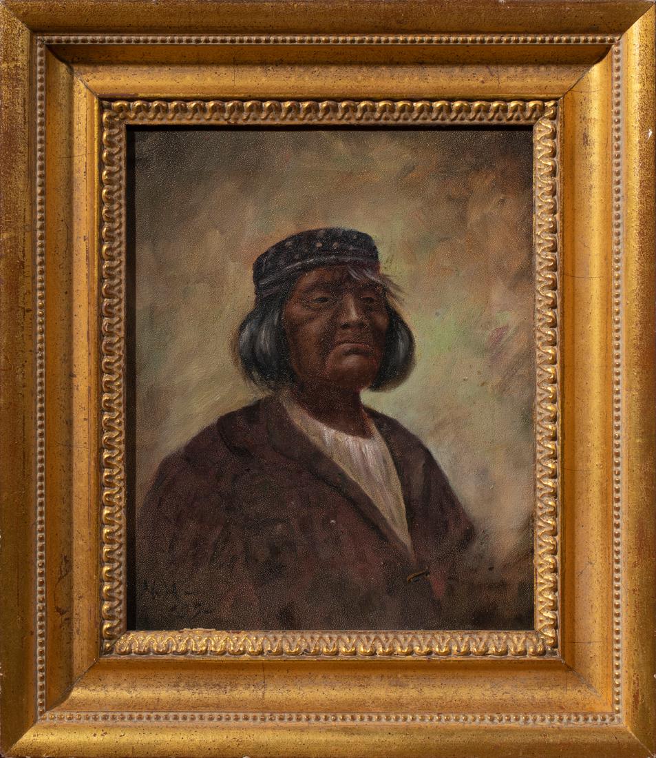 Painting, Portrait of a Native American Man: American School (20th century), Portrait of a Native American Man, oil on panel, monogrammed "M.M." to lower left, overall (with frame): 12.75"h x 11"w