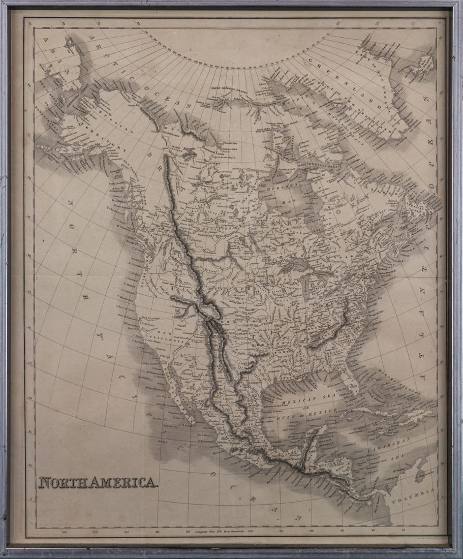 Fenner Sears and Co Map: Fenner Sears and Co. map of North America, 1832, engraved print, overall (with frame): 22"h x 18.25"w
