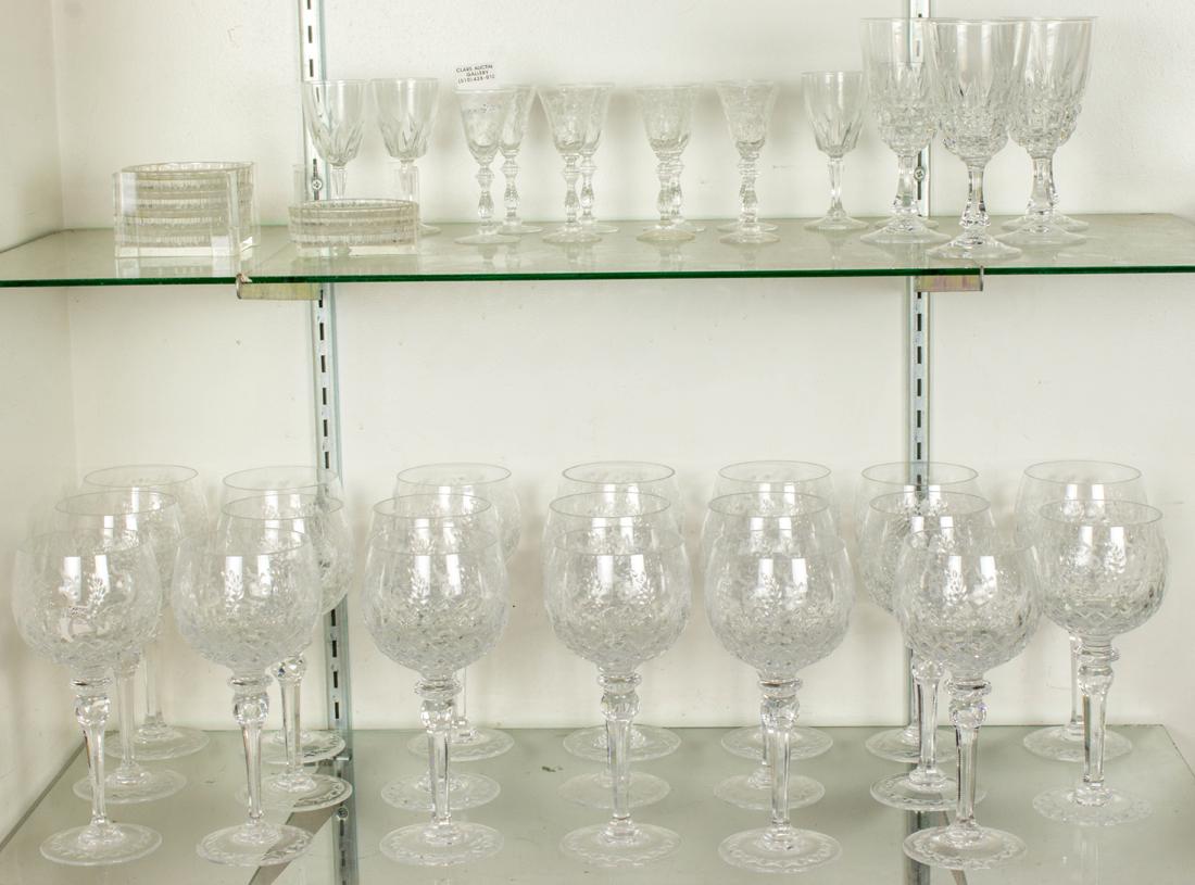 (Lot of 42) Twenty Rogaska cut and engraved glass balloon wine goblets in the Gallia pattern: (Lot of 42) Twenty Rogaska cut and engraved glass balloon wine goblets in the Gallia pattern, acid etched factory mark, 8.5"h, together with (12) cordials; (4) white wine and (6) coasters