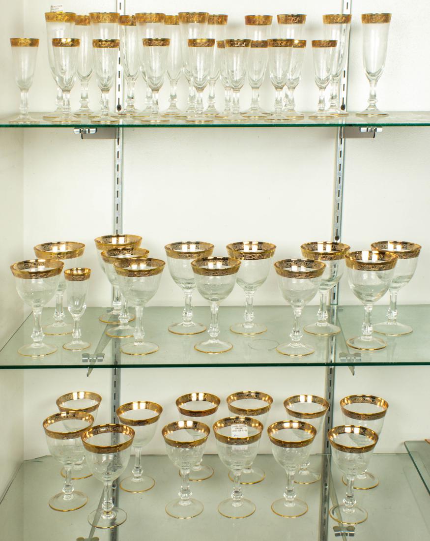 (Lot of 48) Suite of gilt rimmed glass stemware: (Lot of 48) Suite of gilt rimmed glass stemware, comprising (13) red wine, 6"h; (11) white wine, 5.75"h; (12) flutes, 7"h and (12) cordials, 5"h.