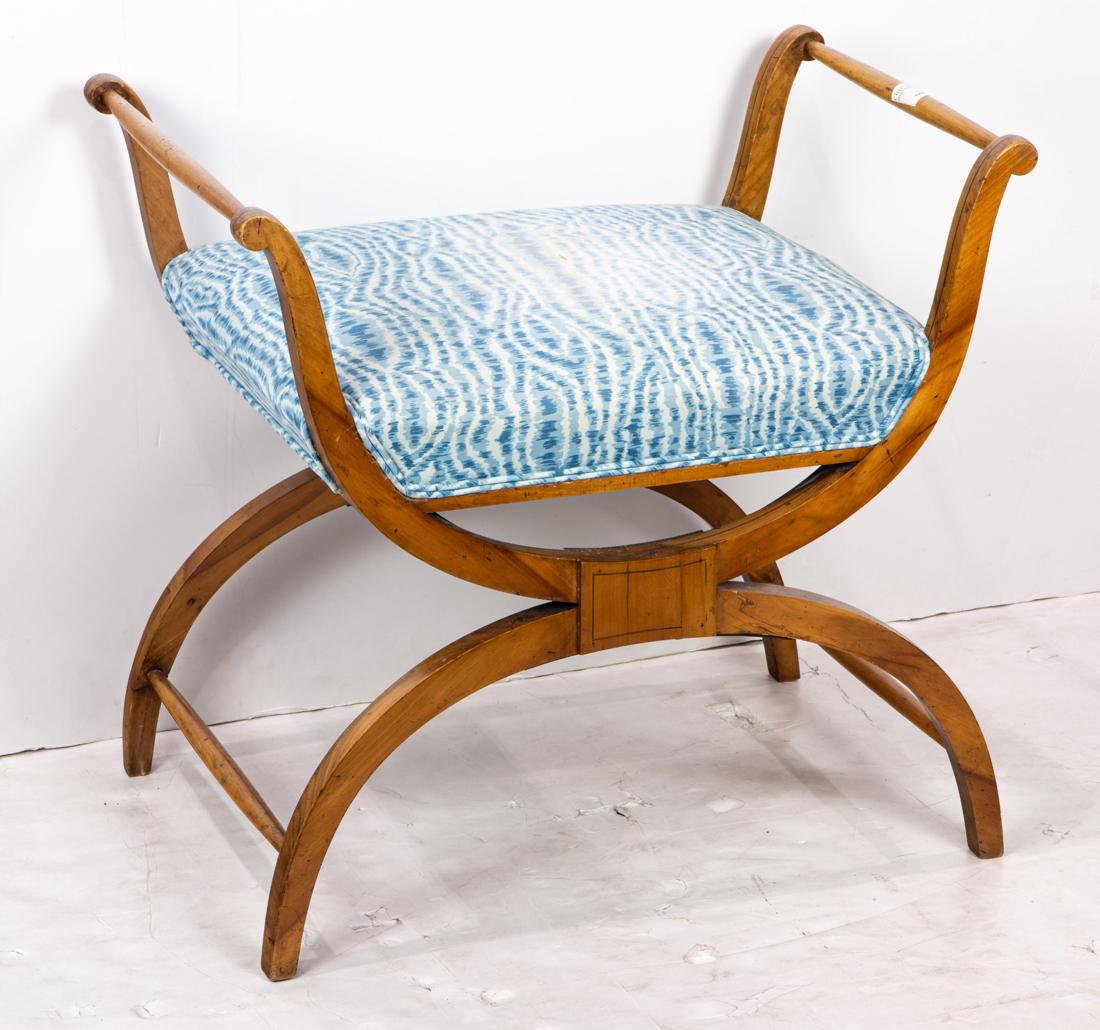 A Regency style inlaid fruitwood bench with cross x-legs (1 of 1)