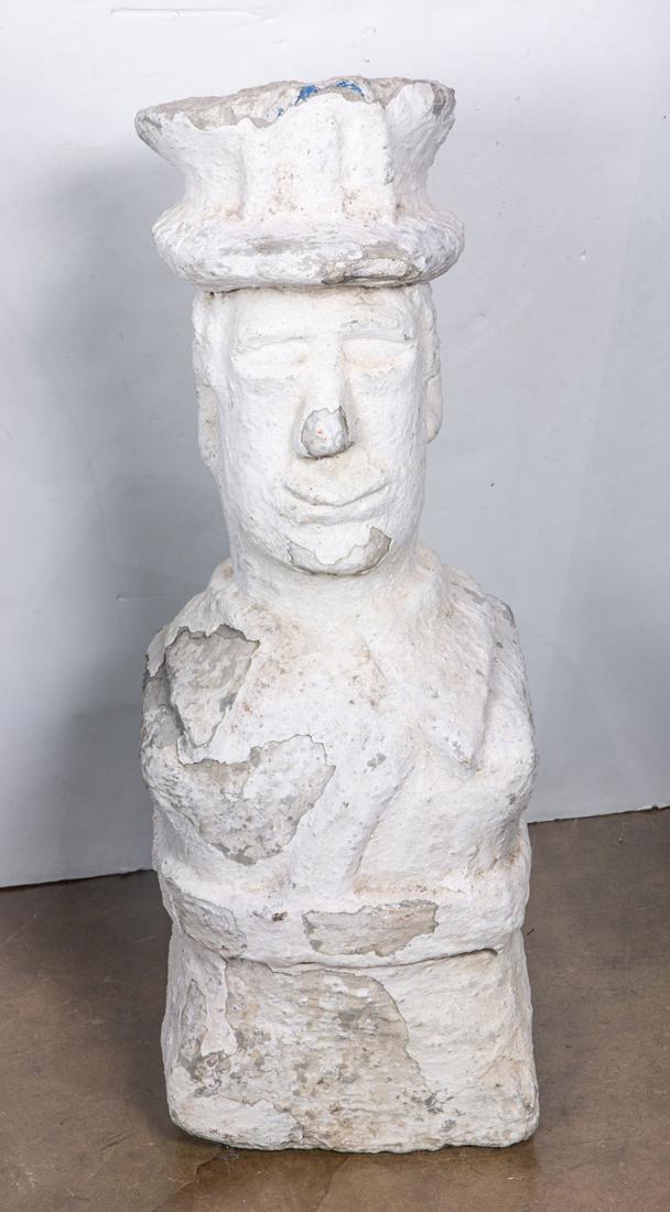 Folk Art paint decorated cast stone figural newel post: Folk Art paint decorated cast stone figural newel post, depicting a Postman or Policeman wearing a top hat (Please note this type of figural post varies based on various occupations designated by the 