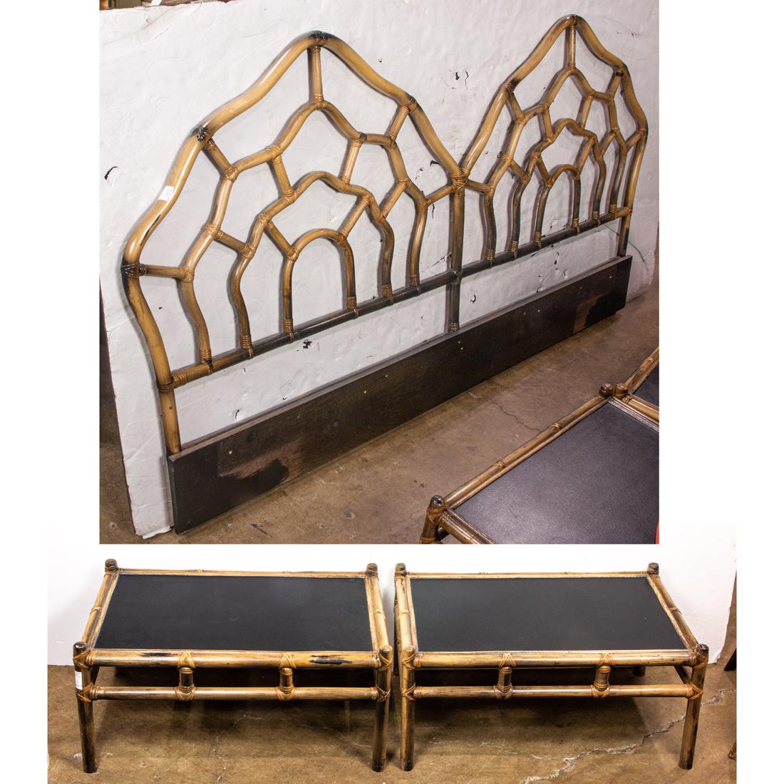 (Lot of 3) Rattan king-size headboard and pair of side tables (1 of 1)