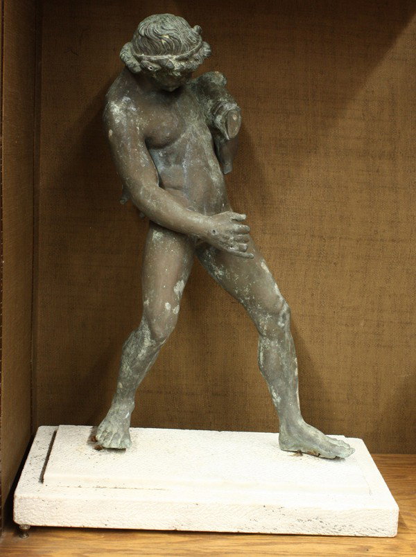 Continental bronze fountain: Continental verdigris bronze Bacchanalian fountain of a male circa 1880, depicted in the nude and rising on a square marble plinth, unsigned, 23''h x 18''w x 9''d
