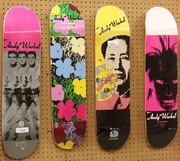 Set of 4, Warhol Pop Art skateboards: (Lot of 4) Silkscreened skateboards, ''Pop Art'' Skateboard Series II, after Andy Warhol (American, 1928-1987), featuring; ''Dylan Rieder'', ''Tyler Bledsoe'', ''Steve Berra'', and ''Elvis Icon'', eac