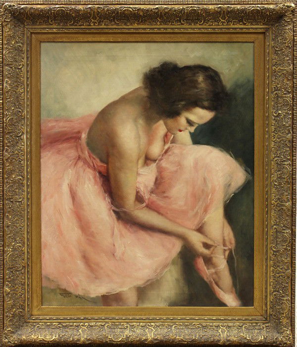 Painting, Pal Fried, Ballerina: Framed oil on canvas, ''A Ballerina Dressing,'' by Pal Fried (Californian, 1893-1976), signed ''Fried Pal'' lower left, canvas: 30''h x 24''w, overall: 39.25''h x 32.75''w