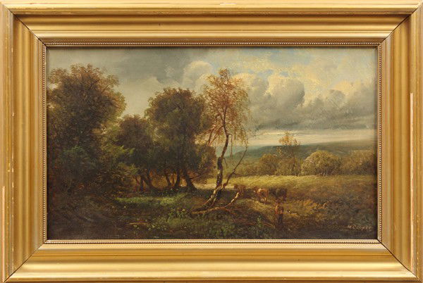 Painting, attrib. Henry Cooper: Framed oil on canvas, Landscape with Cows and Figure, attributed to Henry M. Cooper (British, 19th Century), bears signature H. Cooper, lower right and verso, canvas: 12.25''h x 20''w, overall: 17.25'