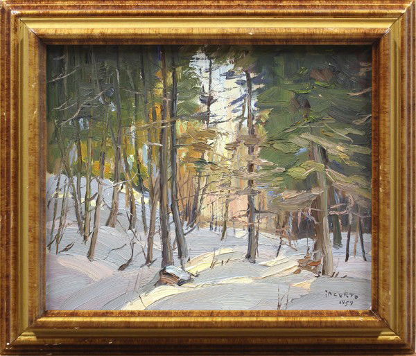 Painting, Francesco Iacurto: Framed oil on masonite, Forest Snow Scene, 1959, by Francesco Iacurto (American, 1908-2001), signed and dated ''Iacurto 1959'' lower right, board: 10''h x 12''w, overall: 13''h x 15''w