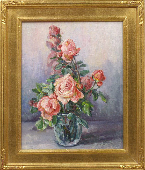 Painting, Mary Paxton Herrick Ross, Roses: Framed oil on canvas, Roses, by Mary Paxton Herrick Ross (Californian, 1856-1935), signed ''Mary Herrick Ross'' lower right, canvas: 20''h x 16''w, overall: 26''h x 22''w