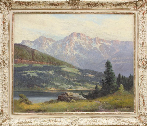 Painting, Robert Wood, High Sierras: Framed oil on canvas, ''High Sierras,'' by Robert Wood (Californian, 1889-1979), signed ''Robert Wood'' lower right, title labe affixed verso, canvas: 25''h x 30''w