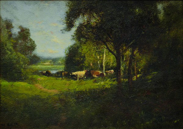 Painting, William Keith, Springtime: Framed oil on board, ''Springtime,'' by William Keith (Californian, 1838-1911), signed ''Wm Keith'' lower left, board: 14''h x 19.75''w, overall: 24.25''h x 30''w. Note: Accompanied by original period