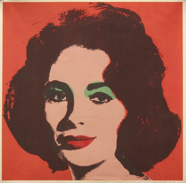 Lithograph, Andy Warhol, Liz Taylor: Unframed color offset lithograph, ''Liz,'' 1966, by Andy Warhol (American, 1928-1987), signed and dated ''Andy Warhol 66'' lower right, overall: 23''h x 22.5''w