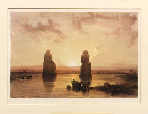 Lithograph, After David Roberts, Statues of Memno: Unframed (matted) hand colored lithograph, ''Statues of Memnon,'' after David Roberts (British, 1796-1864), inscribed and titled within stone, bears F.G. Moon publication line beneath print, image: 13