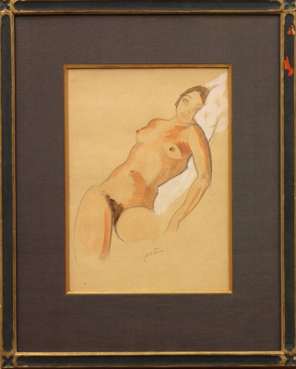 Watercolor,Possibly Jacob Epstein, Reclining Nude: Framed graphite and watercolor, Reclining Nude, possibly by Jacob Epstein (American/British, 1880-1959), pencil signed ''Epstein'' lower right, image: 12''h x 8.75''w, overall: 20''h x 16''w