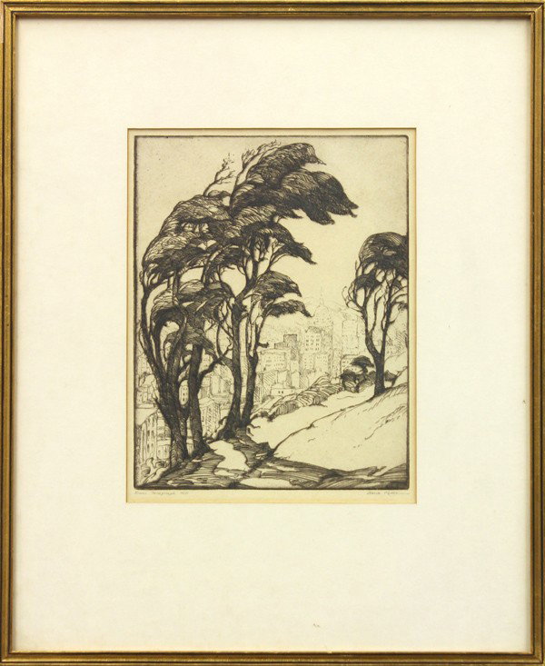 Etching, Gene Kloss, Telegraph Hill: Framed etching, ''From Telegraph Hill'' by Gene Kloss (American, 1903-1996), pencil signed and titled within lower margin, plate: 8.75''h x 6.75''w, overall: 16.5''h x 13.5''w