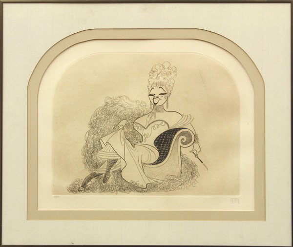 Etching, Al Hirschfeld, Mae West: Framed etching, ''Mae West,'' 1974, by Al Hirschfeld (1903-2003), pencil signed ''Hirschfeld'' lower right, pencil numbered edition of 150 lower left, image: 14.5''h x 19''w, overall: 25.25''h x 30''w