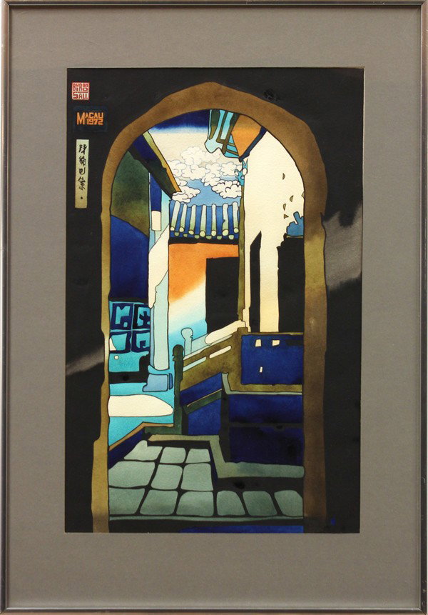 Watercolor, Byron Birdsall, Macau: Framed watercolor, ''Macau 1972'', by Byron Birdsall (American, b. 1937), signed upper left, titled and dated upper left, sight: 19.75''h x 12.75''w, overall: 26.5''h x 18.5''w