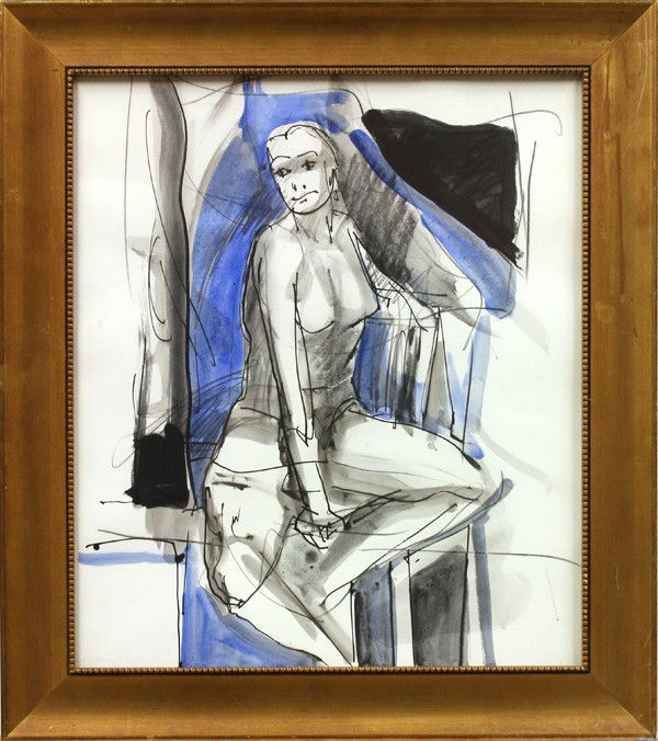 Watercolor, James Grant, Nude: Framed marker and watercolor on paper, Blue Nude, by James Grant (Californian, 1924-1997), sight: 20.5''h x 17.5''w, overall: 25.5''h x 22.5''w