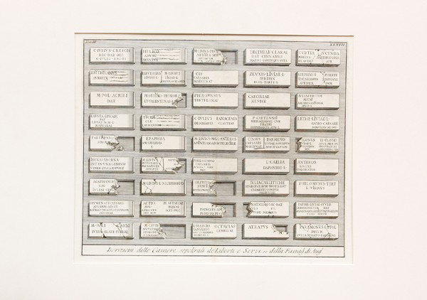 Engravings, Manner of Piranesi, Architecture: (Lot of 2) Unframed (matted) engraved bookplates, ''Iscrizioni delle Camere'' and ''Veduta,'' Italian School, 19th century, in the manner of Francesco Piranesi (Italian, 1758-1810), plate numbers insc