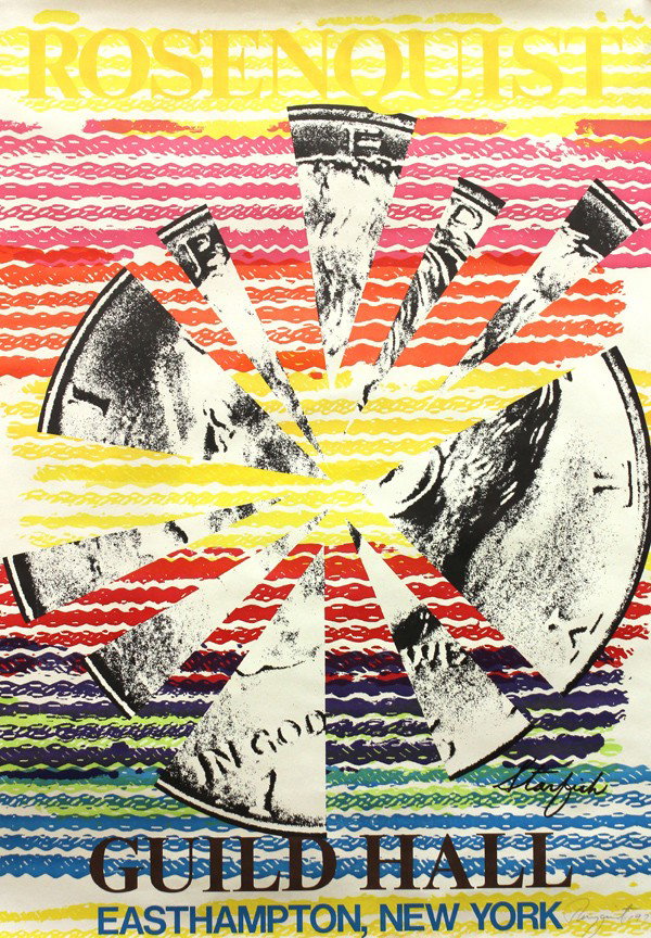 Signed posters, Rosenquist, Rauschenberg and Flac: (Lot of 3) Unframed offset color lithograph posters; ''Starfish-Guild Hall, East Hampton,'' by James Rosenquist (American, b. 1933), signed in pencil lower right, ''100 Years of the Conscience of Man 