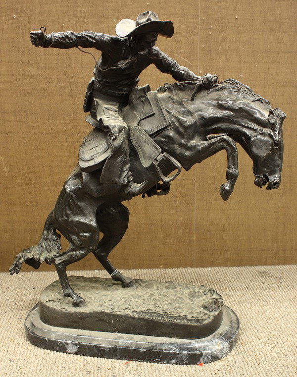 Bronze, after Frederic Remington, Bronco Buster: Bronze sculpture, ''Bronco Buster,'' after Frederick Remington (American, 1861-1909), bears signature lower base, overall: 23.5''h x 20''w x 9.5''d