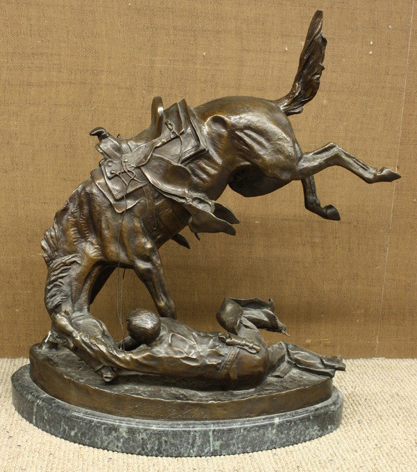 Bronze, after Remington, Wicked Pony: Bronze sculpture, ''The Wicked Pony,'' after Frederic Remington (American, 1861-1909), bears signature lower left, dark green/grey marble base, overall: 22''h x 20''w x 8.5''d