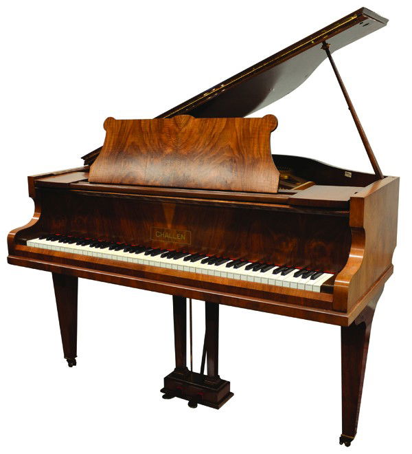 Challen baby grand piano: Challen baby grand piano, having a walnut case and retains a Harrods, London retailer's tag, 4'5''l