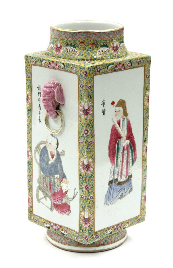 Chinese Enameled Porcelain Ovoid Vase: Chinese polychrome enamel decorated porcelain rectangular vase, the sides featuring figural reserves including legendary heros such as Hua Mulan, Wang Jingge, Dong Xian, and Longmen Sima Zizhang brack